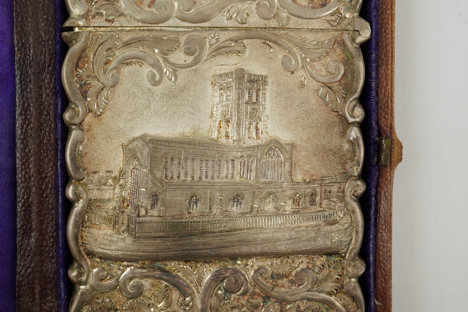 A Victorian silver 'castle top' card case by Hilliard & Thomason?